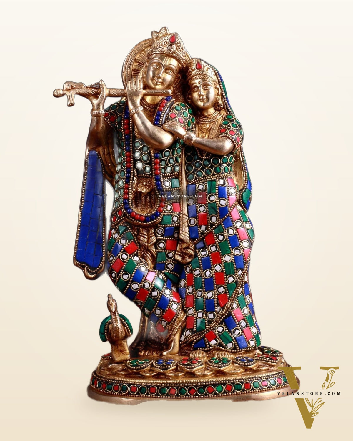 Brass Radha Krishna together Idol 12 stonework