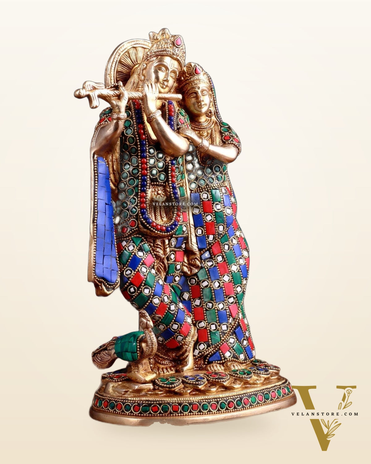 Brass Radha Krishna together Idol 12 stonework