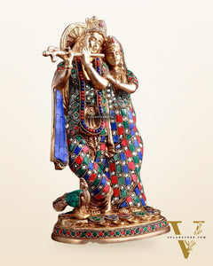 Brass Radha Krishna together Idol 12 stonework
