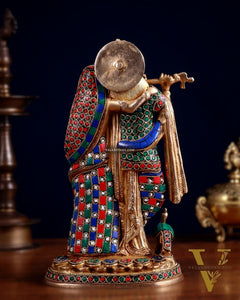 Brass Radha Krishna together Idol 12 stonework