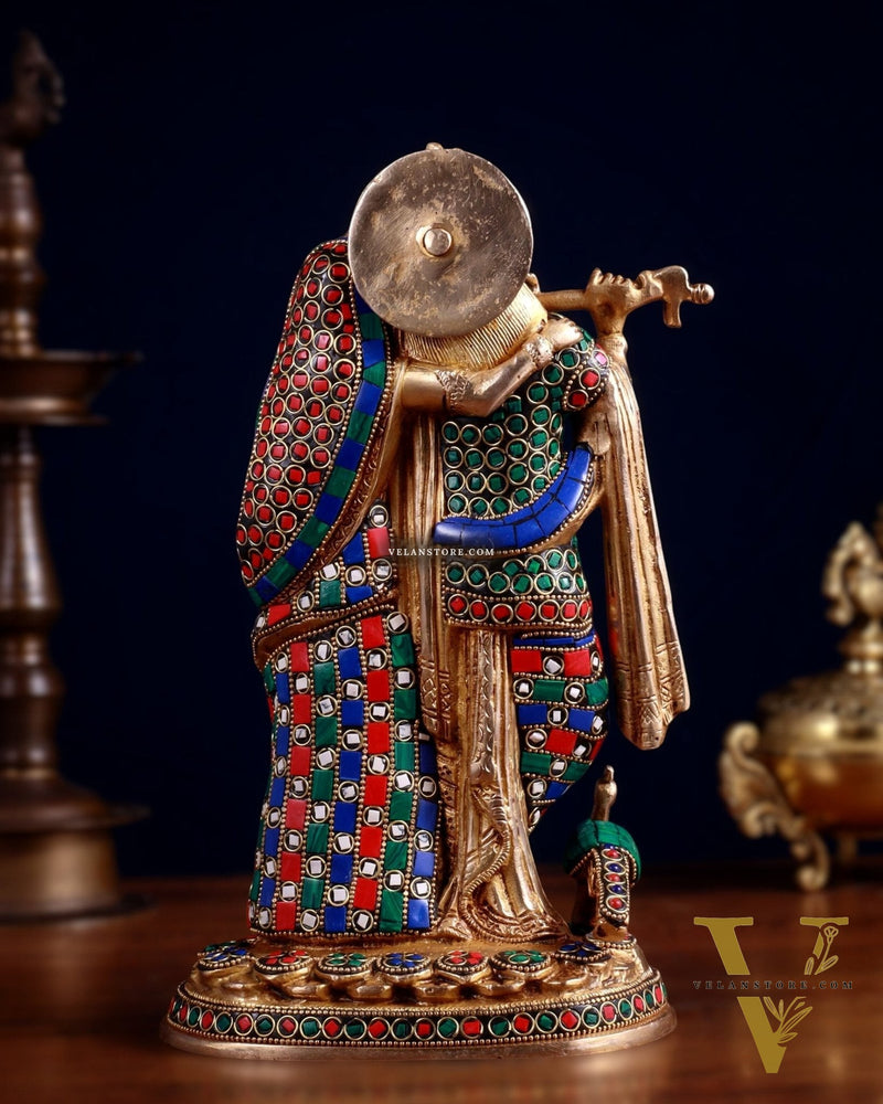 Brass Radha Krishna together Idol 12 stonework