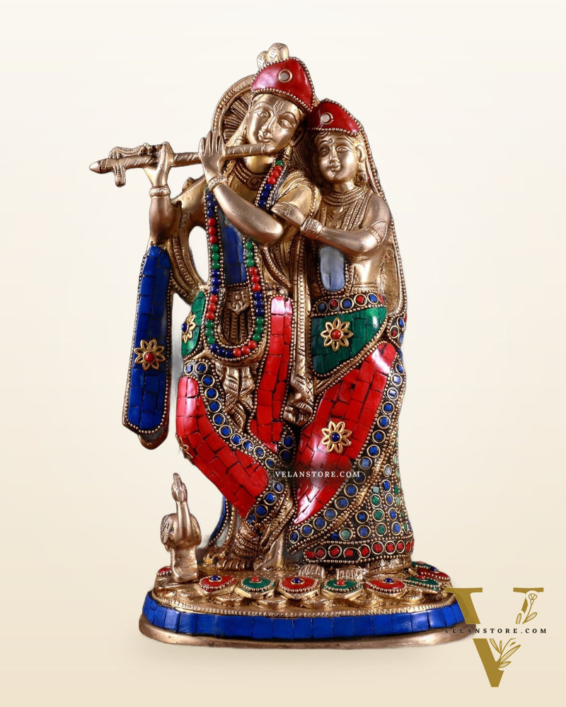 Brass Radha Krishna together Idol 12 stonework