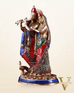 Brass Radha Krishna together Idol 12 stonework