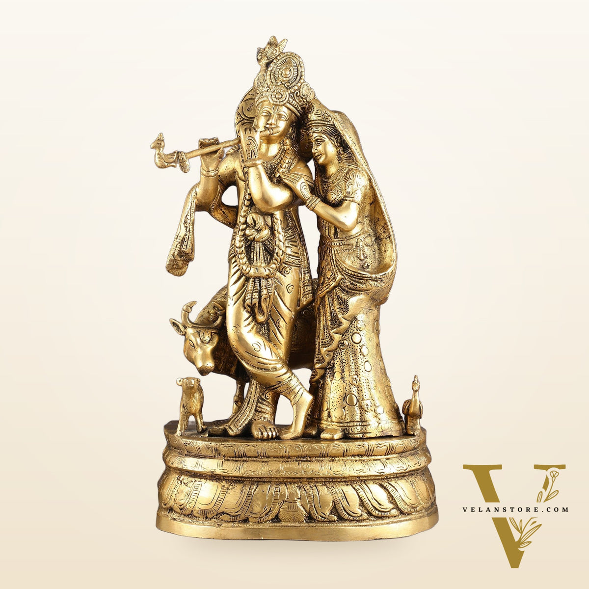 Brass Radha Krishna with Cow, Calf, and Peacock Idol 18 inch
