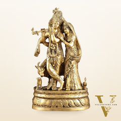 Brass Radha Krishna with Cow, Calf, and Peacock Idol 18 inch