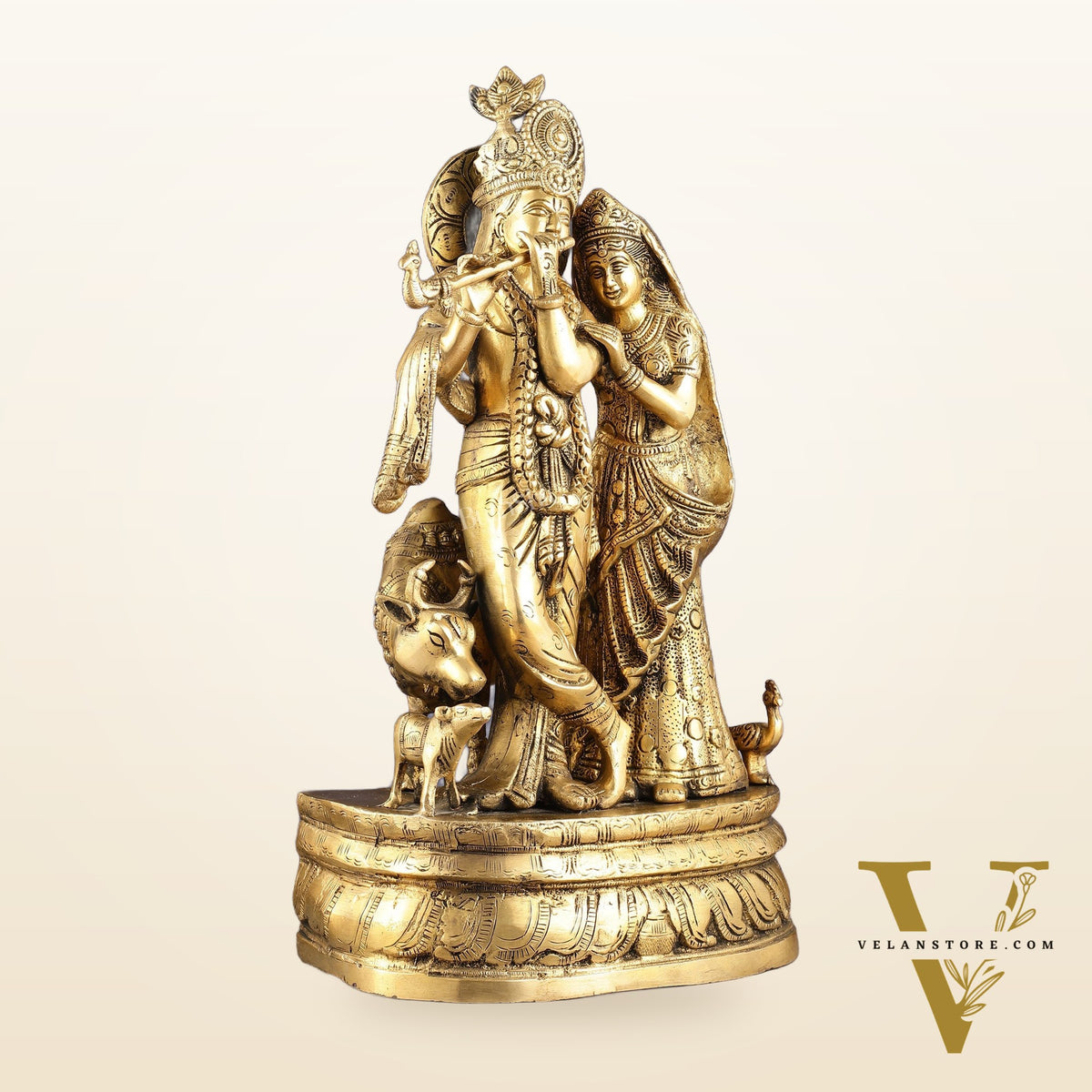 Brass Radha Krishna with Cow, Calf, and Peacock Idol 18 inch