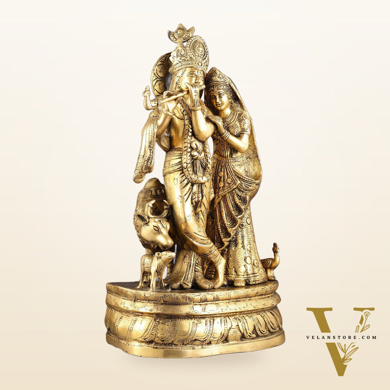Brass Radha Krishna with Cow, Calf, and Peacock Idol 18 inch