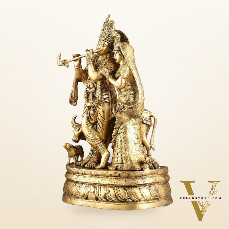 Brass Radha Krishna with Cow, Calf, and Peacock Idol 18 inch