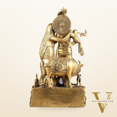 Brass Radha Krishna with Cow, Calf, and Peacock Idol 18 inch
