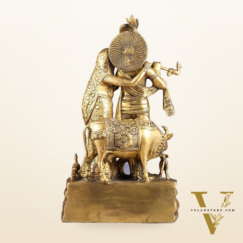 Brass Radha Krishna with Cow, Calf, and Peacock Idol 18 inch