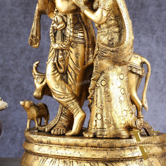 Brass Radha Krishna with Cow, Calf, and Peacock Idol 18 inch
