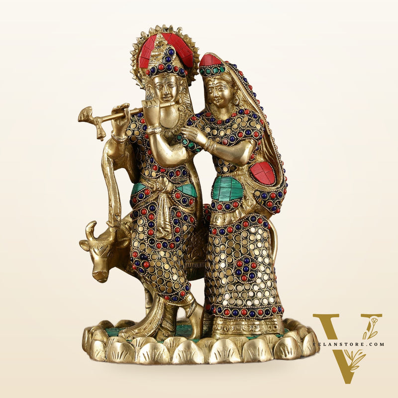 Brass Radha Krishna with cow idol 10 inch
