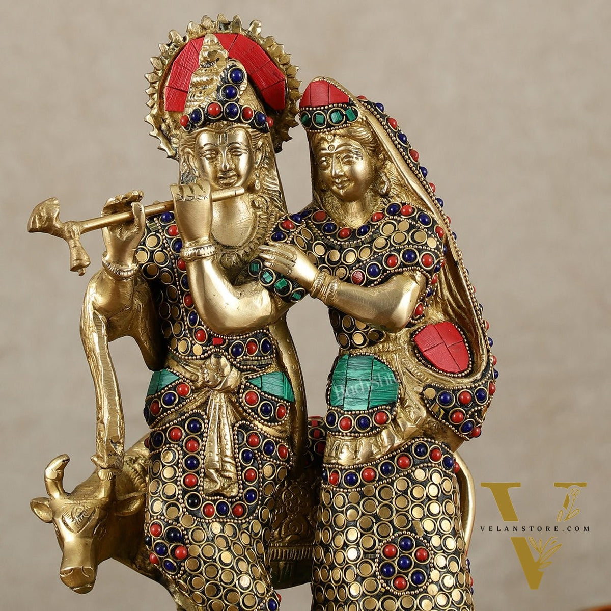 Brass Radha Krishna with cow idol 10 inch
