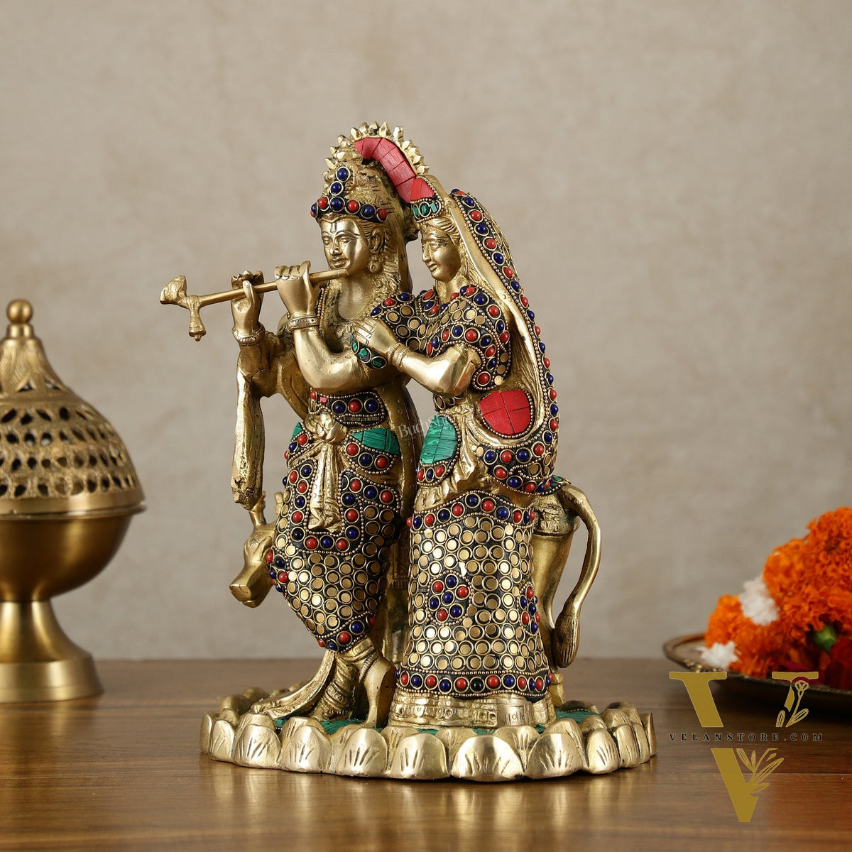 Brass Radha Krishna with cow idol 10 inch