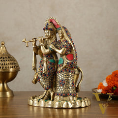 Brass Radha Krishna with cow idol 10 inch