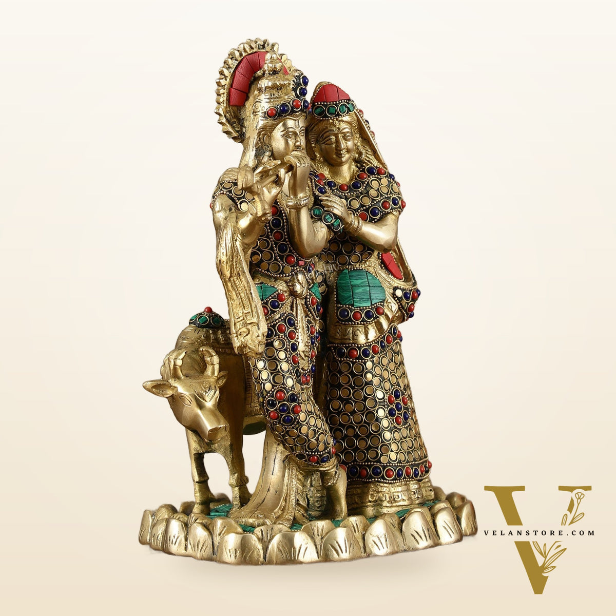 Brass Radha Krishna with cow idol 10 inch