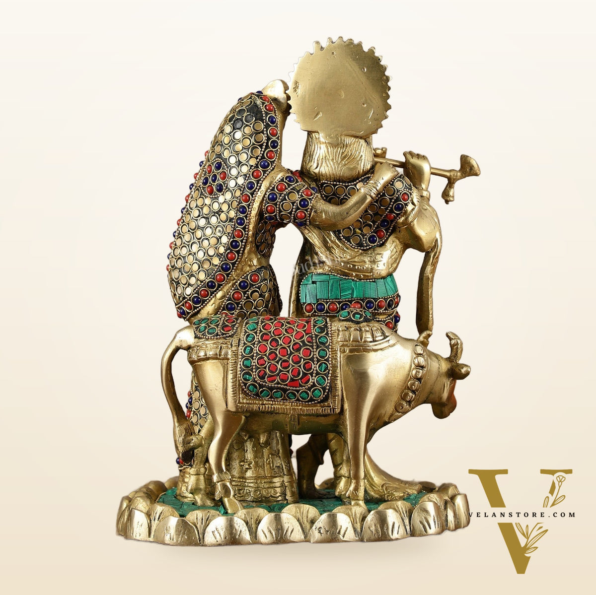 Brass Radha Krishna with cow idol 10 inch