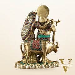Brass Radha Krishna with cow idol 10 inch