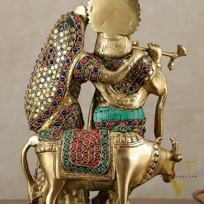 Brass Radha Krishna with cow idol 10 inch