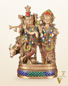 Brass Radha Krishna with cow Idol | 18" with stonework