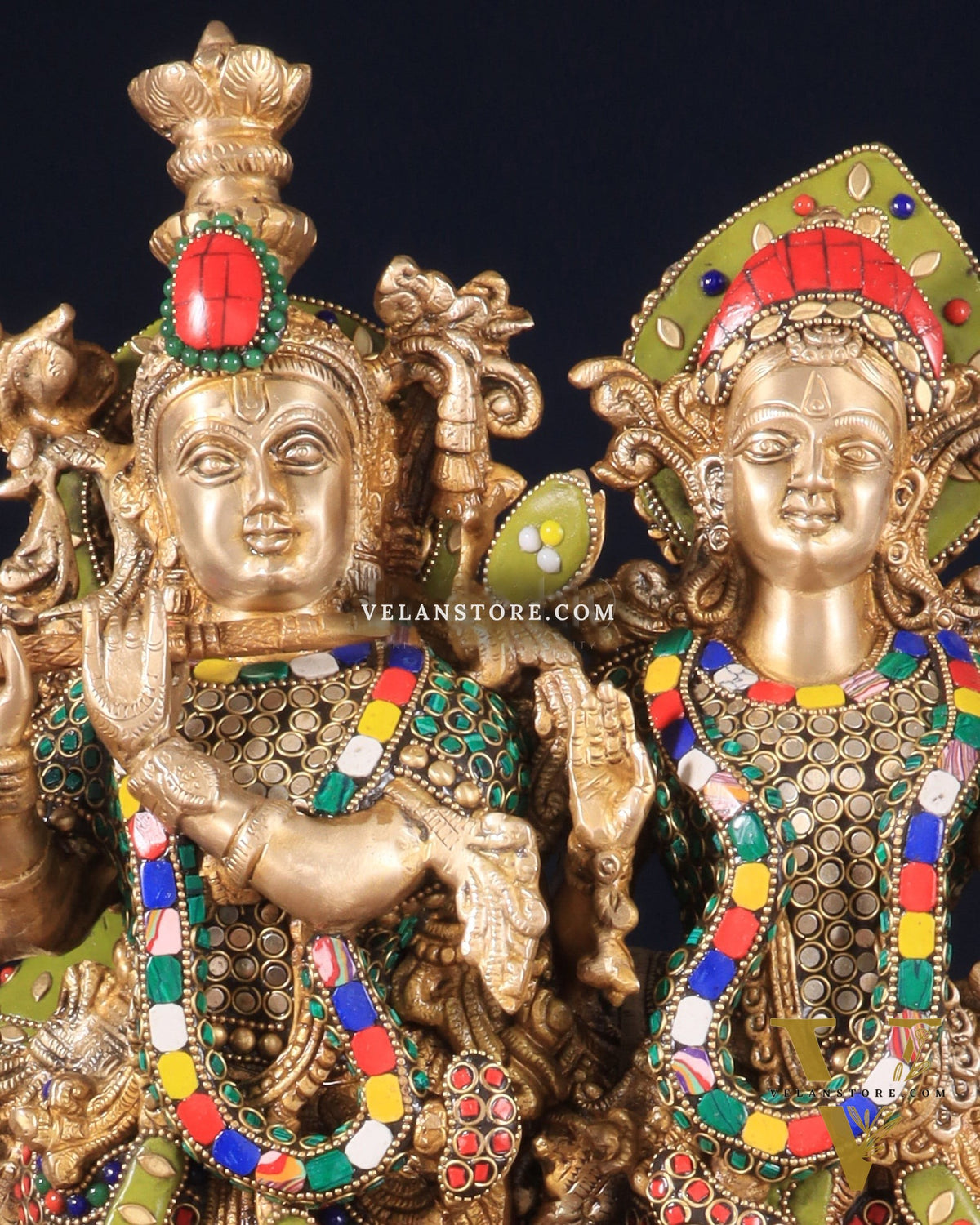 Brass Radha Krishna with cow Idol | 18" with stonework