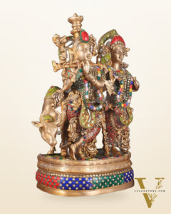 Brass Radha Krishna with cow Idol | 18" with stonework