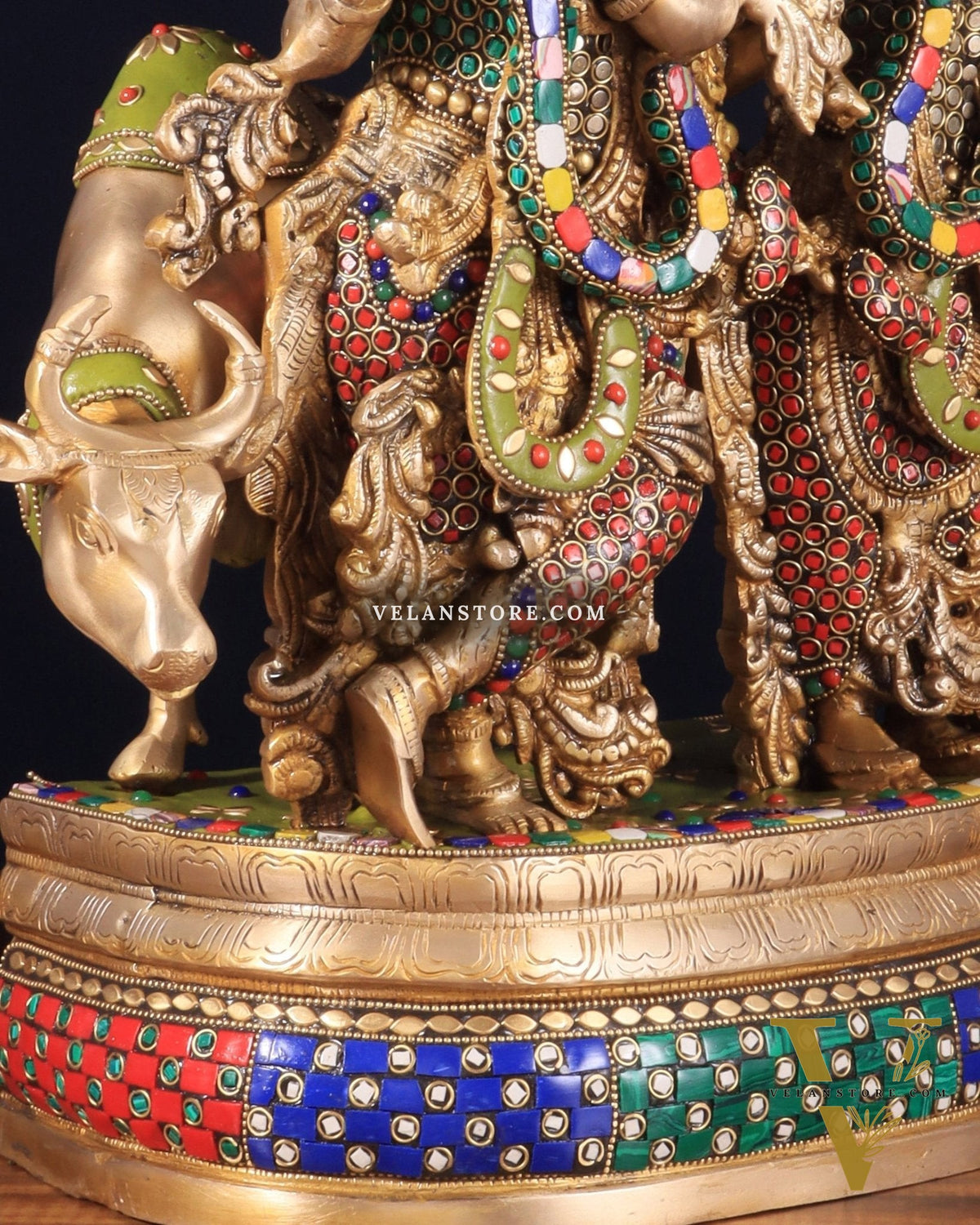 Brass Radha Krishna with cow Idol | 18" with stonework