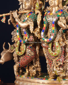 Brass Radha Krishna with cow Idol | 18" with stonework