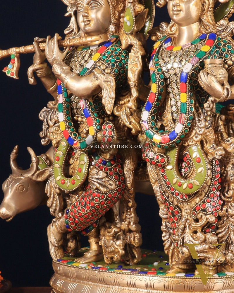 Brass Radha Krishna with cow Idol | 18" with stonework