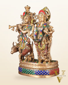 Brass Radha Krishna with cow Idol | 18" with stonework