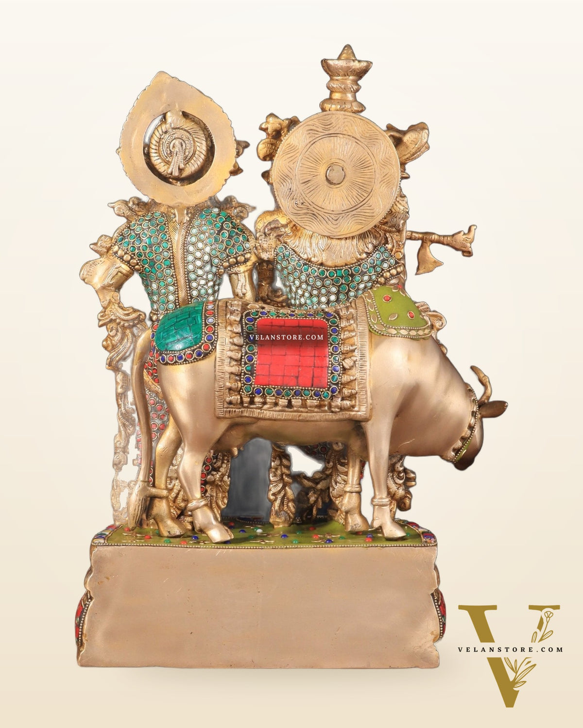 Brass Radha Krishna with cow Idol | 18" with stonework