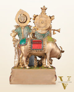 Brass Radha Krishna with cow Idol | 18" with stonework