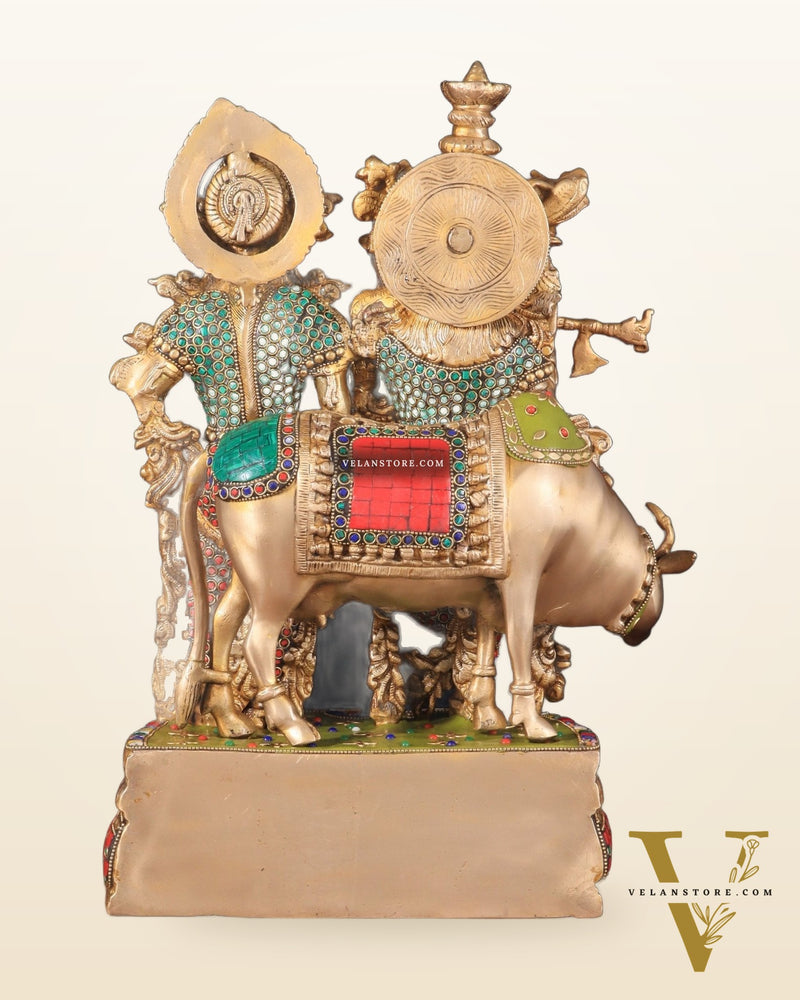 Brass Radha Krishna with cow Idol | 18" with stonework