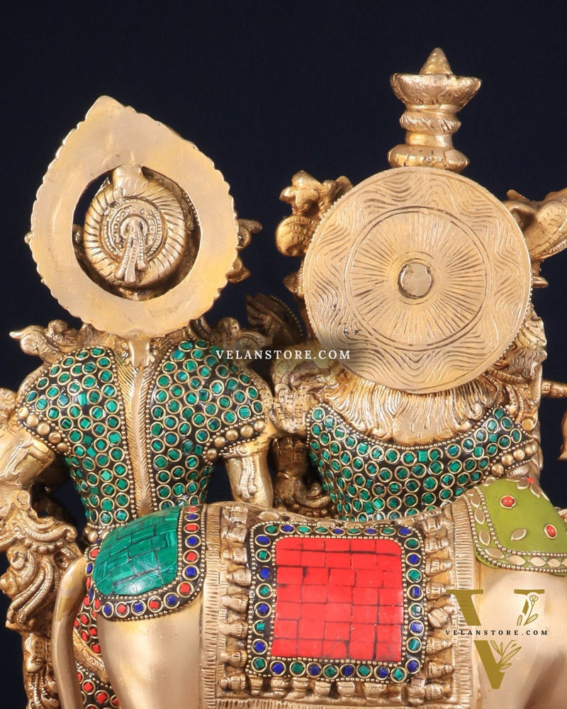 Brass Radha Krishna with cow Idol | 18" with stonework
