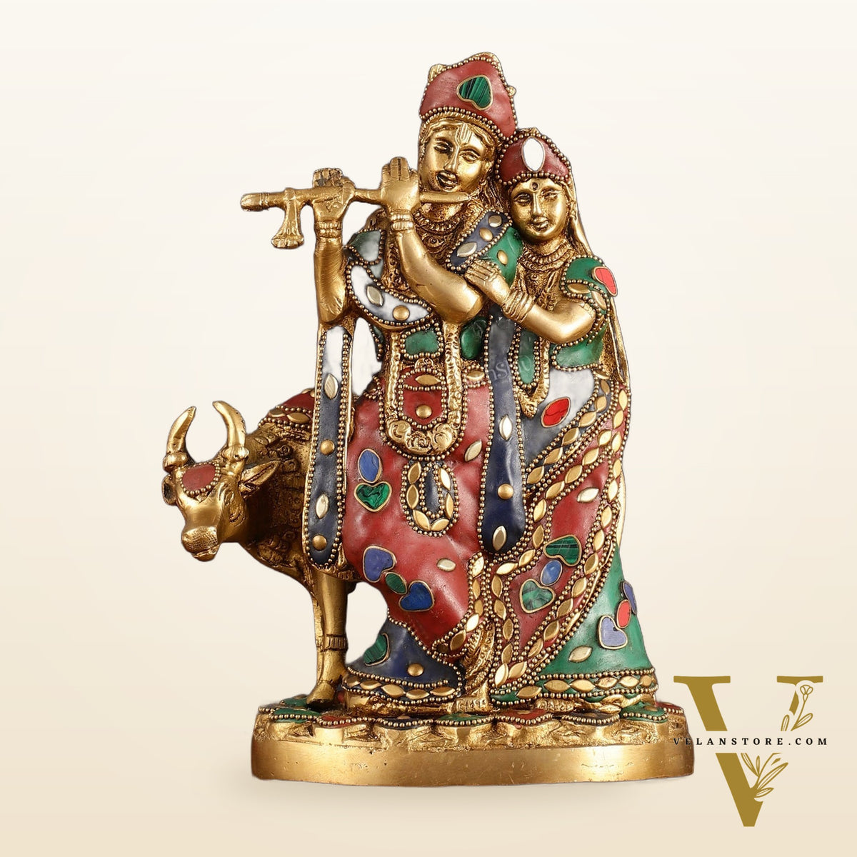 Brass Radha krishna with cow idol with meenakari 10.5"