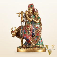 Brass Radha krishna with cow idol with meenakari 10.5"