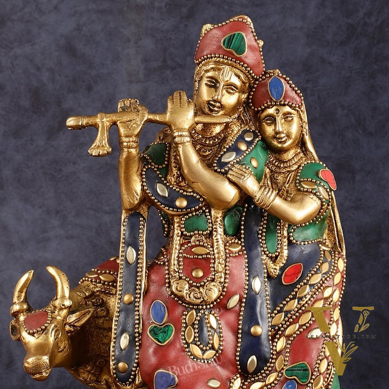 Brass Radha krishna with cow idol with meenakari 10.5"