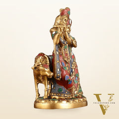 Brass Radha krishna with cow idol with meenakari 10.5"