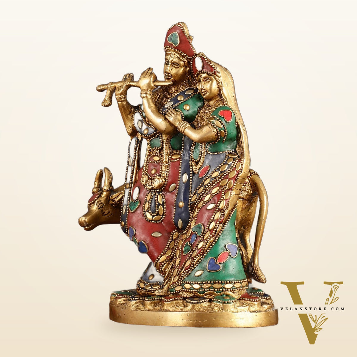 Brass Radha krishna with cow idol with meenakari 10.5"