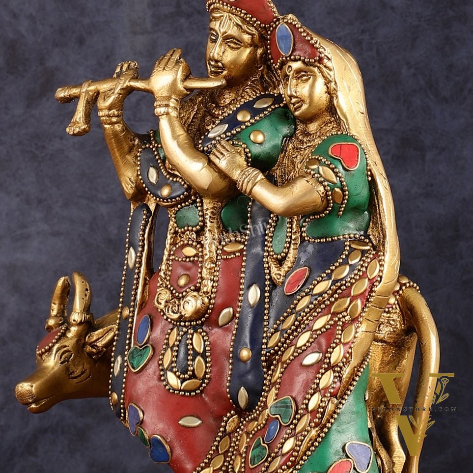 Brass Radha krishna with cow idol with meenakari 10.5"