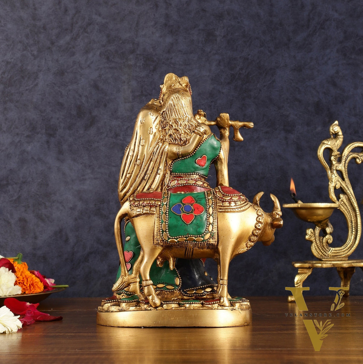 Brass Radha krishna with cow idol with meenakari 10.5"