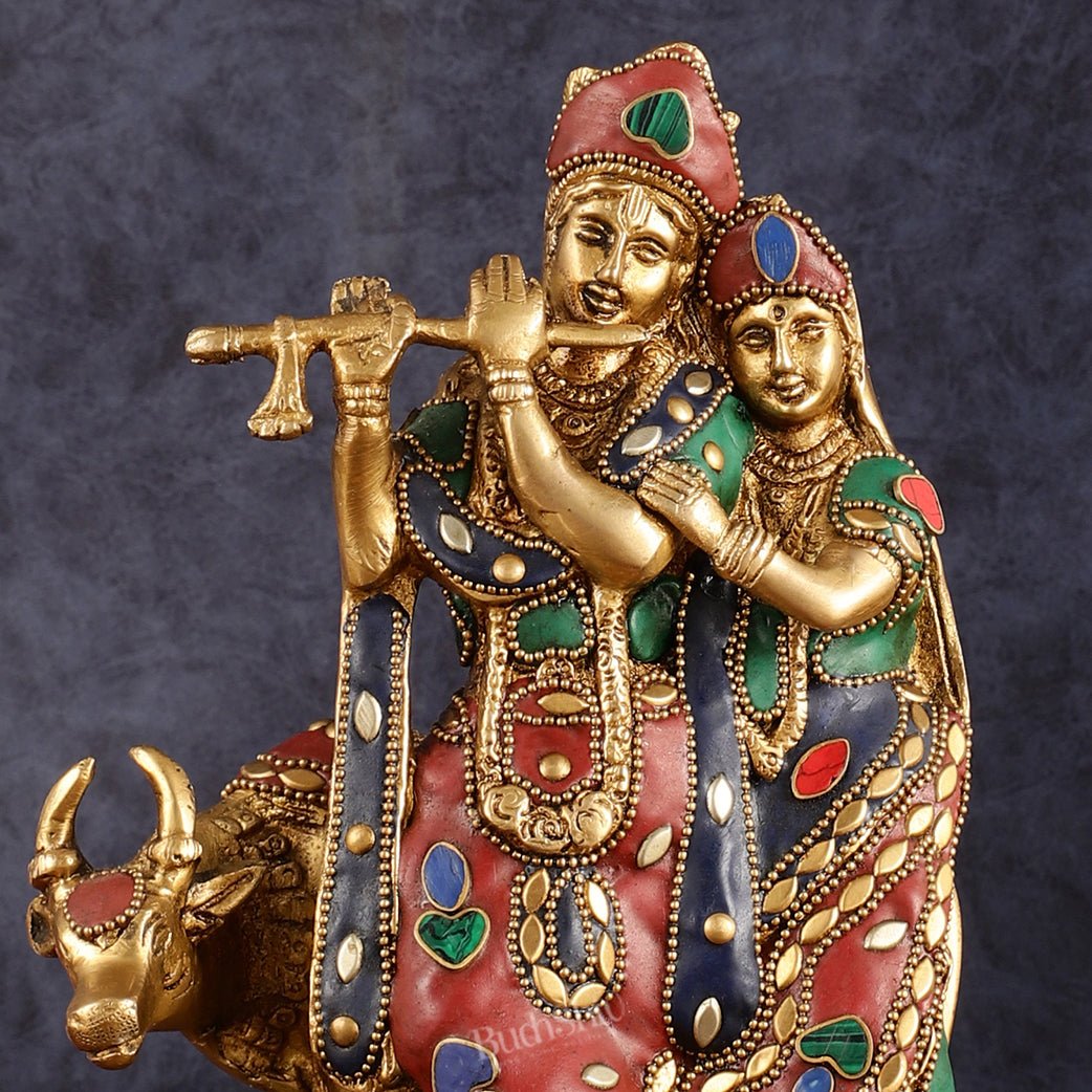 Brass Radha krishna with cow idol with meenakari 10.5"