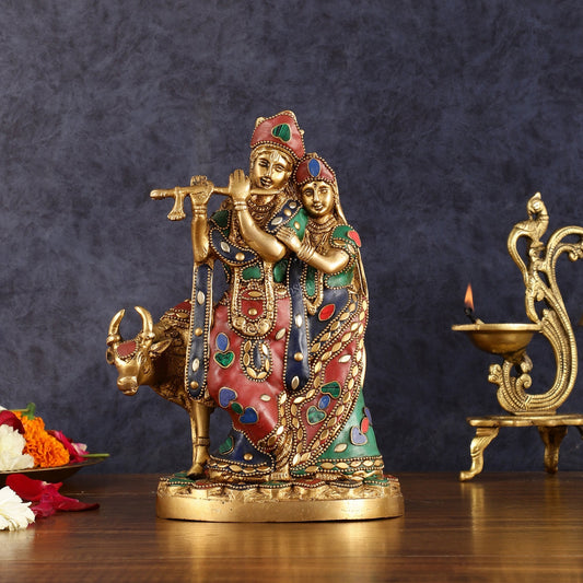 Brass Radha krishna with cow idol with meenakari 10.5"