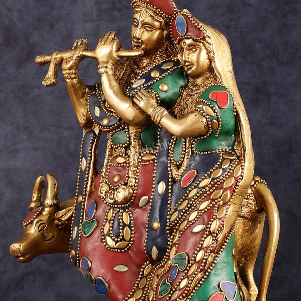 Brass Radha krishna with cow idol with meenakari 10.5"