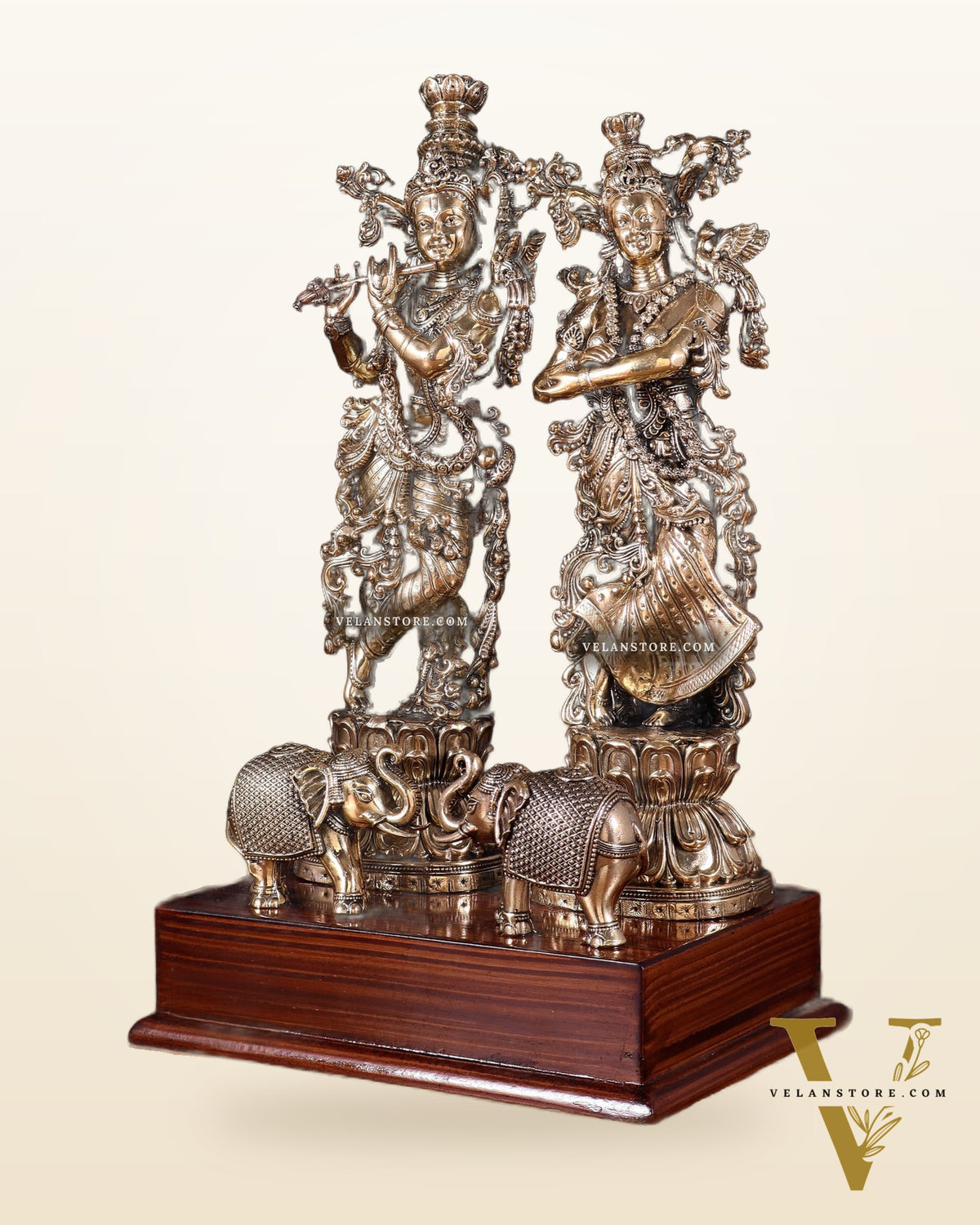 Brass Radha Krishna with Elephants on Wooden Base – Superfine Finish 11.5 inch