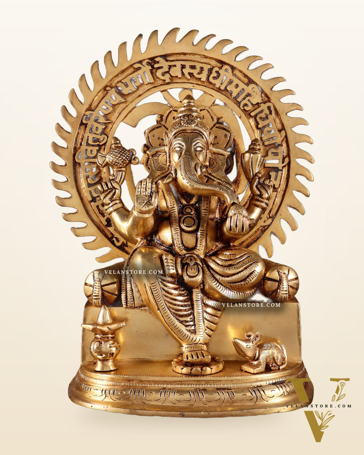 Brass Raja Ganesha Seated on Throne with Om Gayatri Mantra Prabhavali 10 inch