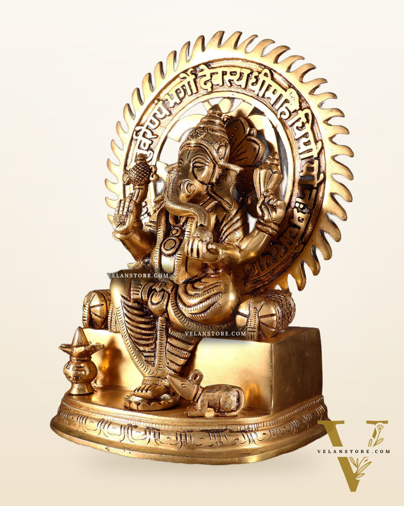 Brass Raja Ganesha Seated on Throne with Om Gayatri Mantra Prabhavali 10 inch