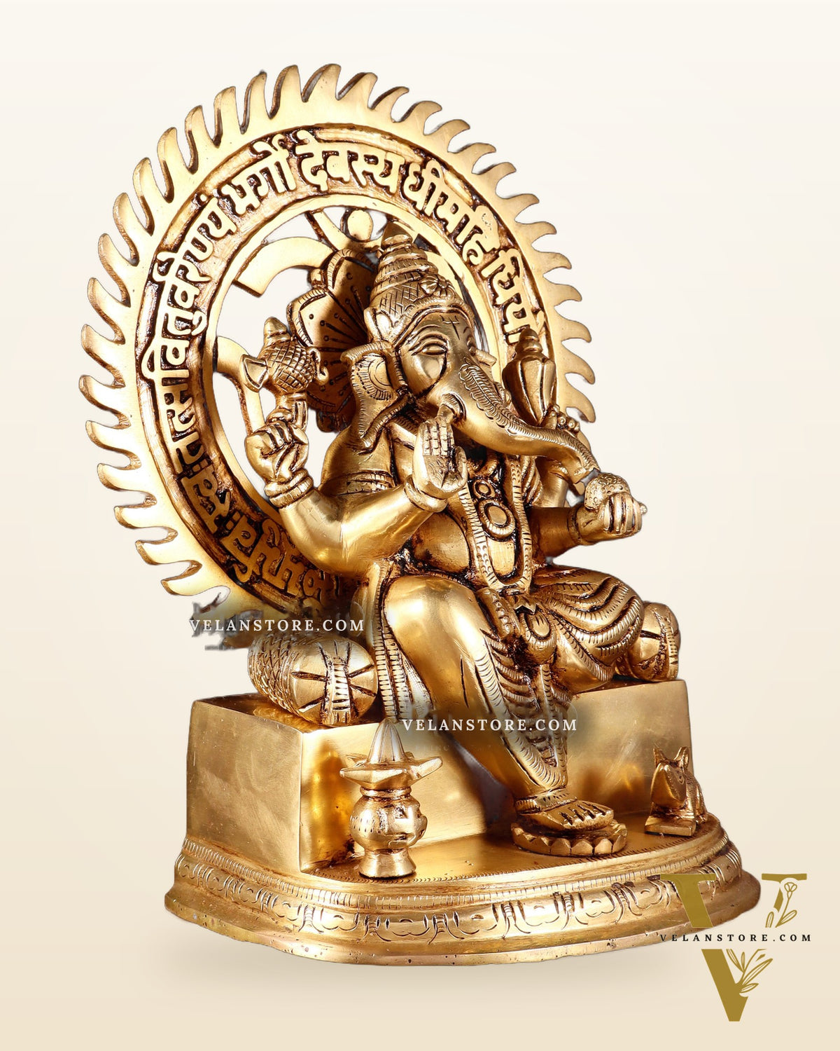 Brass Raja Ganesha Seated on Throne with Om Gayatri Mantra Prabhavali 10 inch