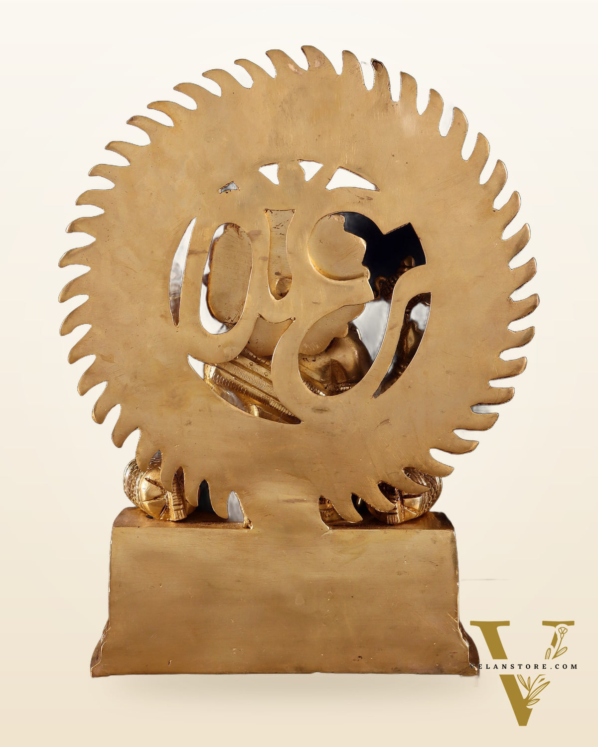 Brass Raja Ganesha Seated on Throne with Om Gayatri Mantra Prabhavali 10 inch
