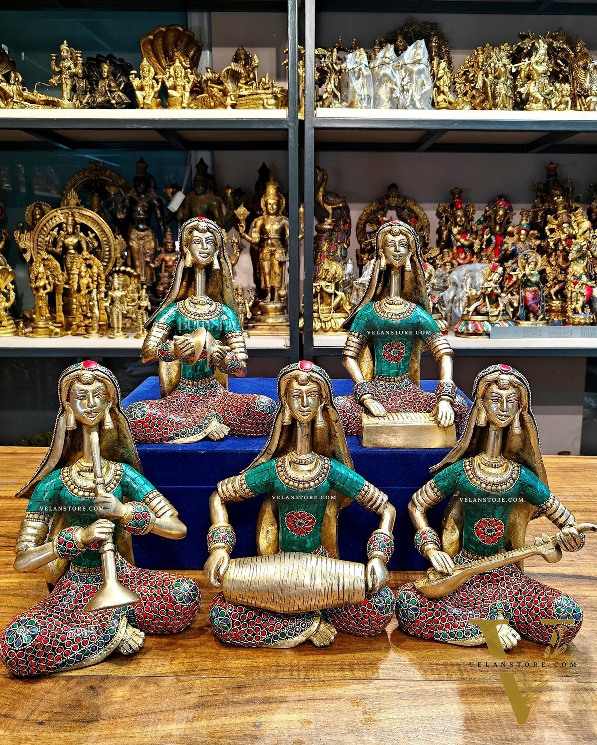 Brass Rajasthani Lady Musicians Set of 5 Showpieces | 10 inch